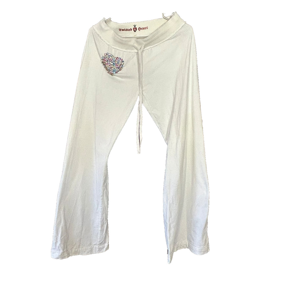 Twisted Heart Flare Lounge Pants Womens M White Embroidered Rhinestone Low Rise